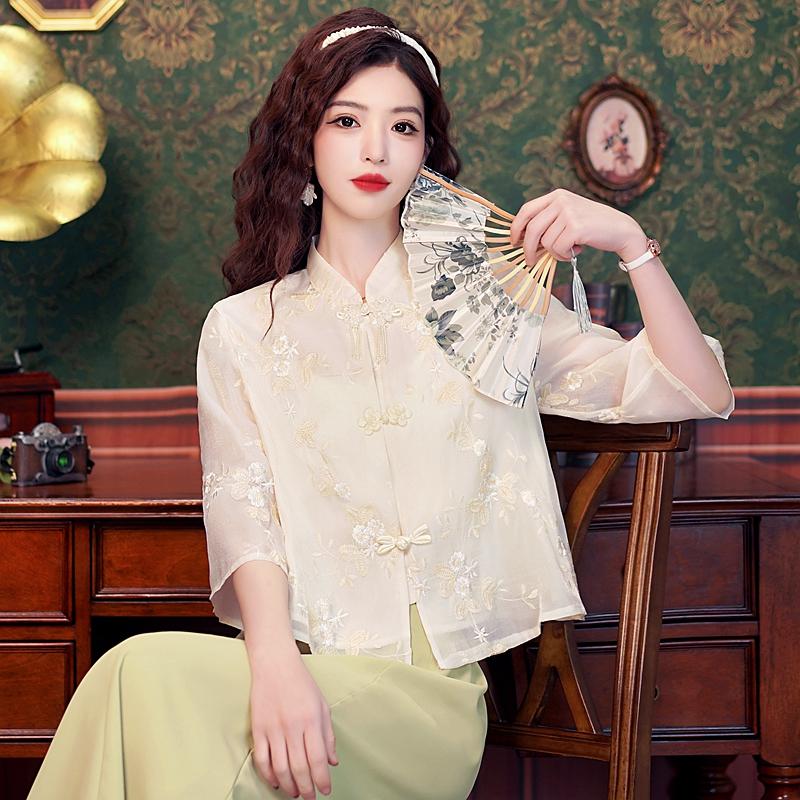 Новая летняя мода в китайском стиле с вышивкой шифоновая блузка рубашка женские топы блузки рубашки J330