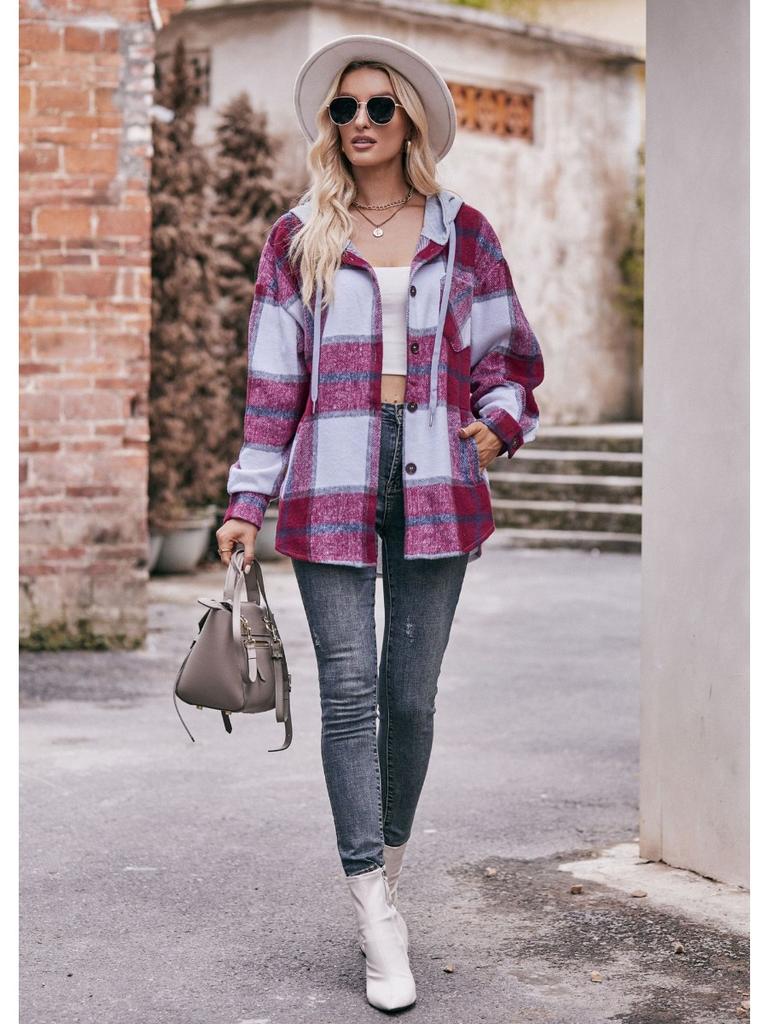2024 New Autumn and Winter Fashion Simple Casual Hooded Plaid Shirt Loose and Comfortable Commuting Medium Length Women's Coat