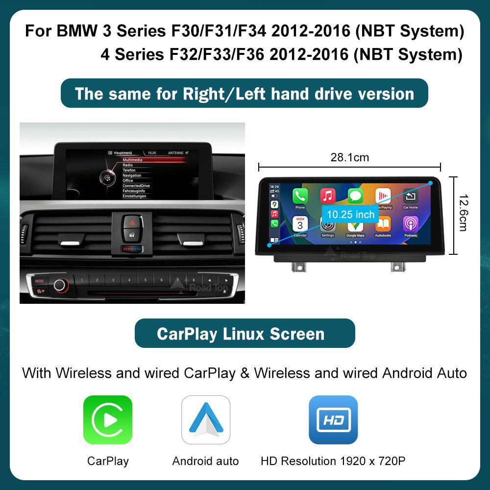 CN RoadTop 12.3 Wireless CarPlay Multimedia Screen For BMW Series 1 2 3 4 F20 F21 F22 F45 F30 F31 F32 F33 F45 NBT EVO 2012-2019