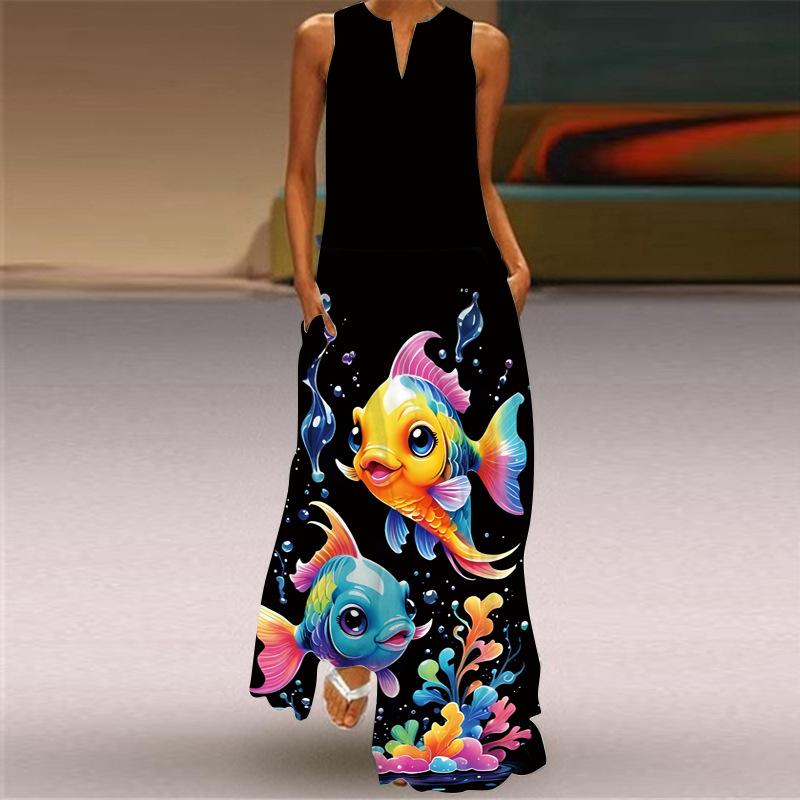 2026 New Summer Women's Sleeveless V-Neck Printed Sexy Dress Long Dress European and American Women's Clothing