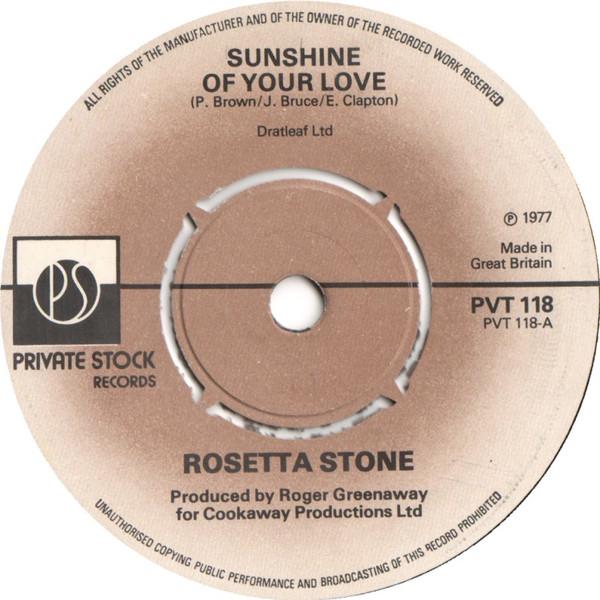 7-дюймовая пластинка ROSETTA STONE Sunshine Of Your Love PVT118 Private Stock 1977 UK Rock Б/у