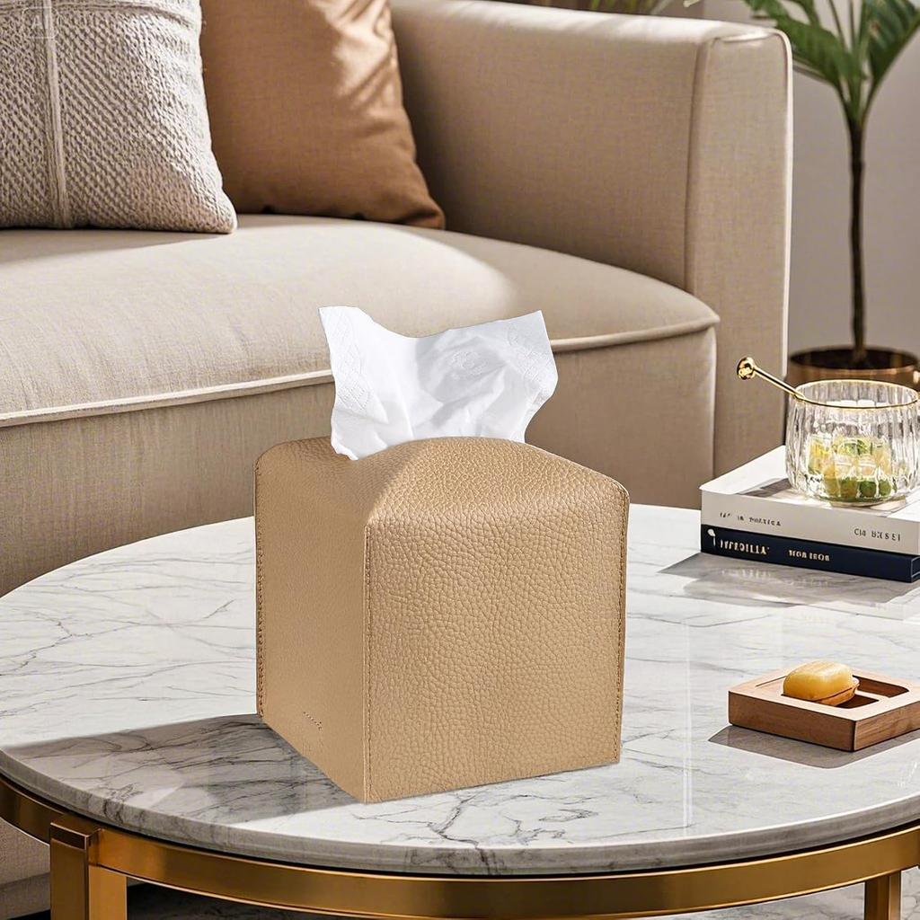Tissue Box Cover, 2 Pack Beige & White Square PU Leather Tissue Box Holder Decrative Tissue Cube Organizer for Tabletop, Bathroom, Car, Office
