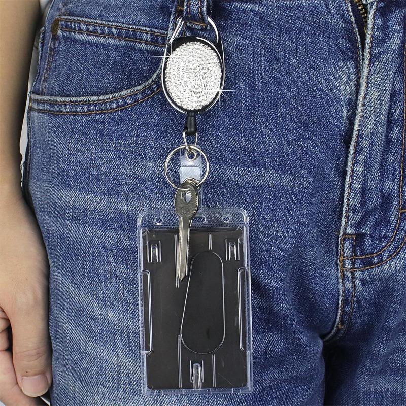 1pc Sparkle Retractable Crystal ID Name BadgeHolderBling Work Card Badge Reel,Fashion Rhinestone Badge Car Bag Keychain