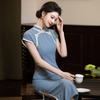 Синий с коротким рукавом в национальном стиле новый китайский Сучжоу длинный ципао улучшенный молодой 1011 новый женский высококачественный летний