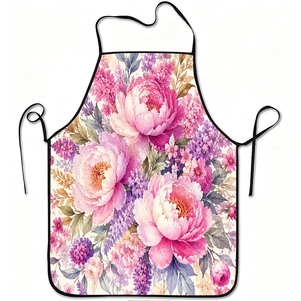 1pc Pink Peony And Lavender Floral Print Apron, Durable And Easy to Clean, Adjustable Waistband, Polyester Material, for Kitchen Cooking, Gardening, O