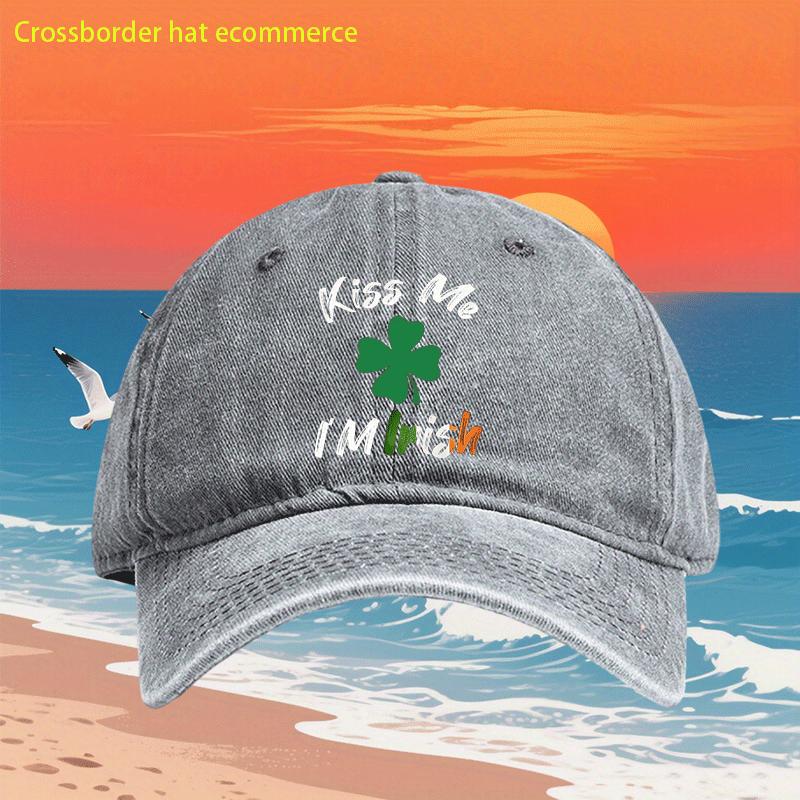 Kiss Me Im Irish Clover Washed Baseball Cap Vintage St Patricks Day Adjustable Unisex Hat