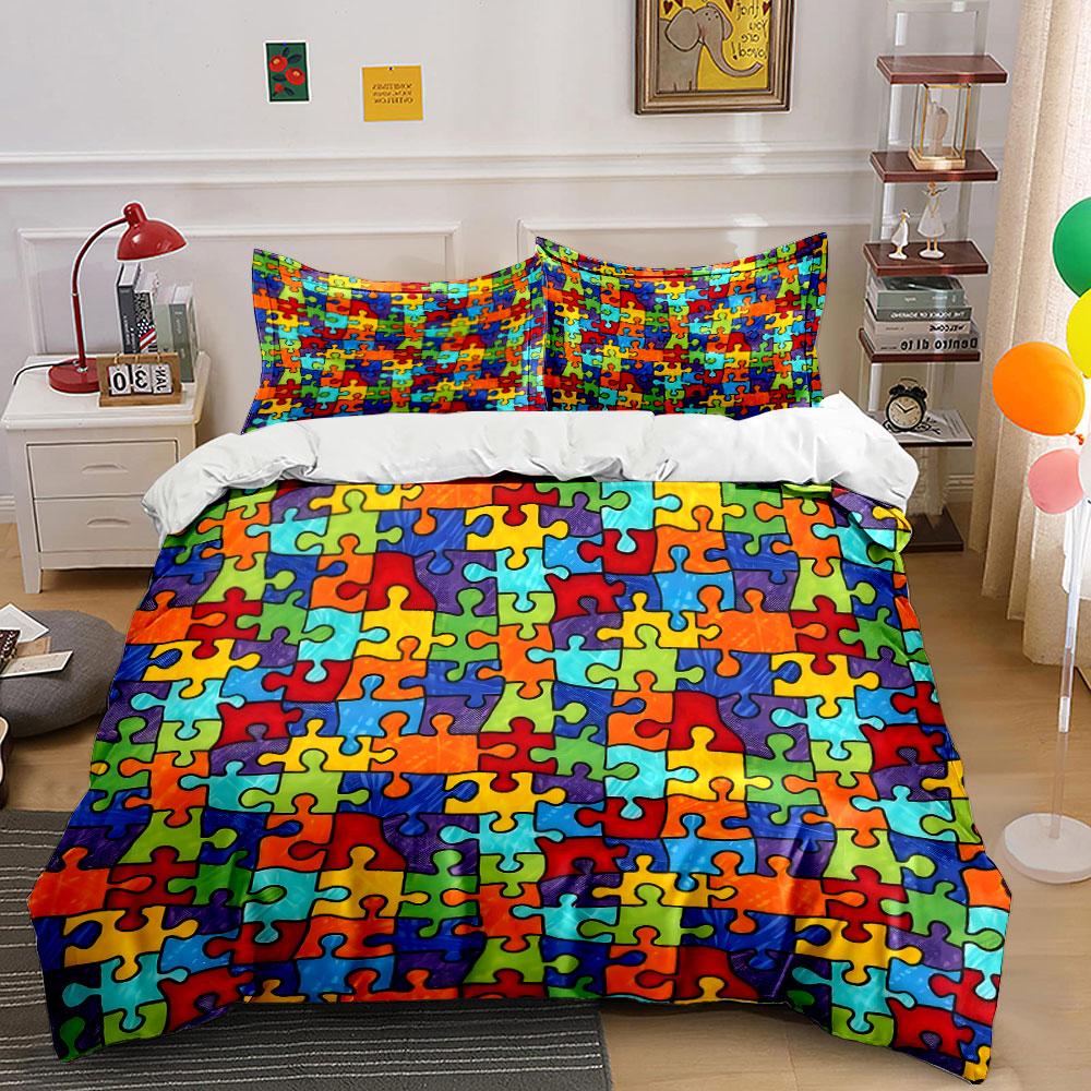 Colorful Puzzle Pattern Decor Set Bedding Set with 1 Duvet Cover 2 Pillowcases Single Double King Queen, Gift