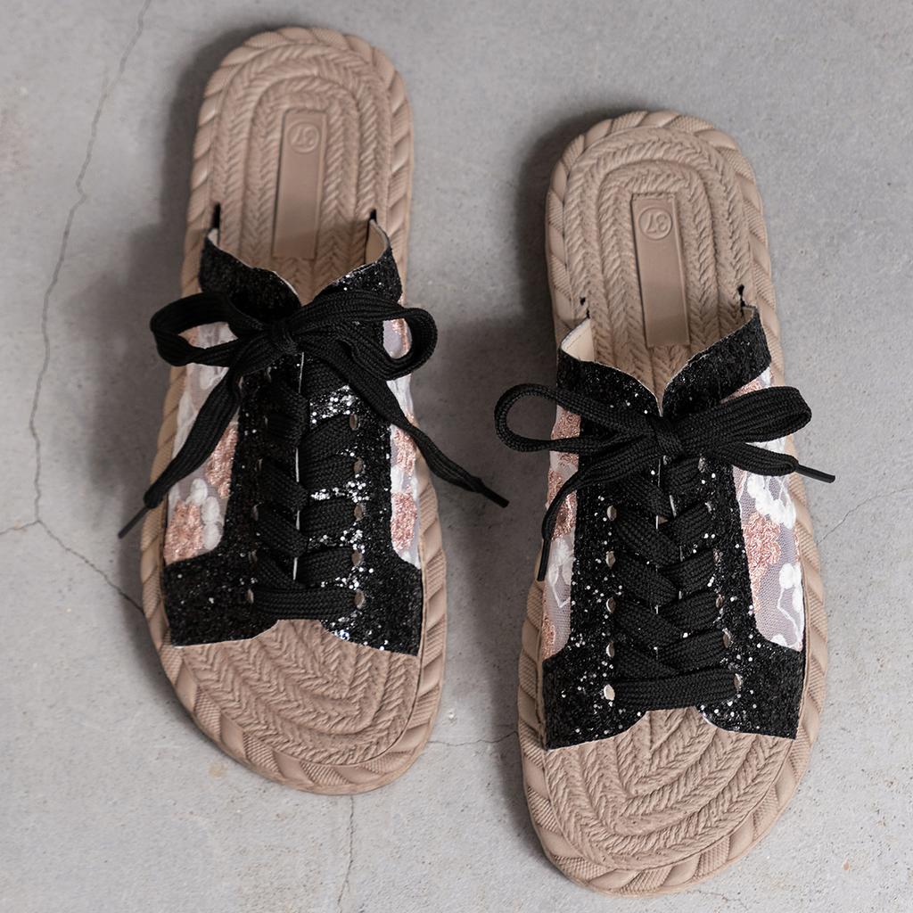 Нескользящие летние тапочки на плоской подошве с открытым носком для улицы, милые сетчатые женские повседневные удобные женские тапочки на шнуровке, большой размер