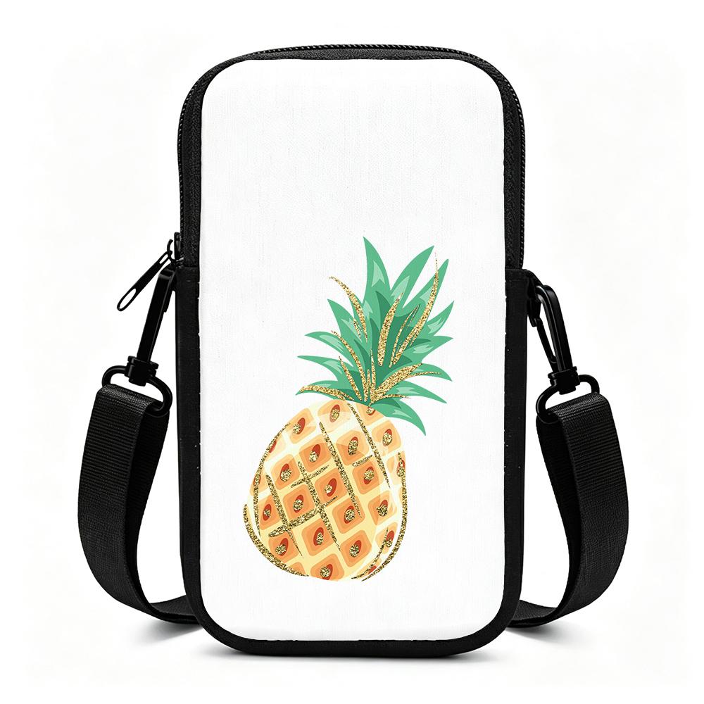 2D-Pineapple Diamond Pattern Golden Yellow Glitter Sparkle Leaf Crown Cute Summer Fruit Design Adjustable Removable Strap Crossbody Phone Bag