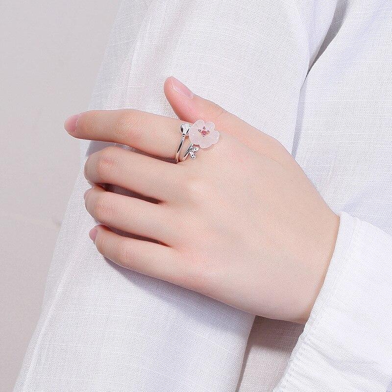 S925 Pure Silver Inlaid Natural Powder Crystal Plum Blossom Fresh and Sweet Women's Opening Ring Ring Wholesale