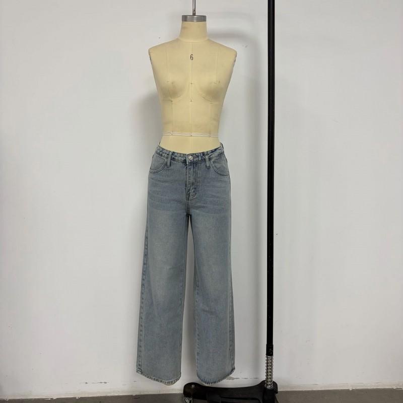 Womens Denim Set Distressed Wash Button Front Casual Fashion Blouse Pants S M L