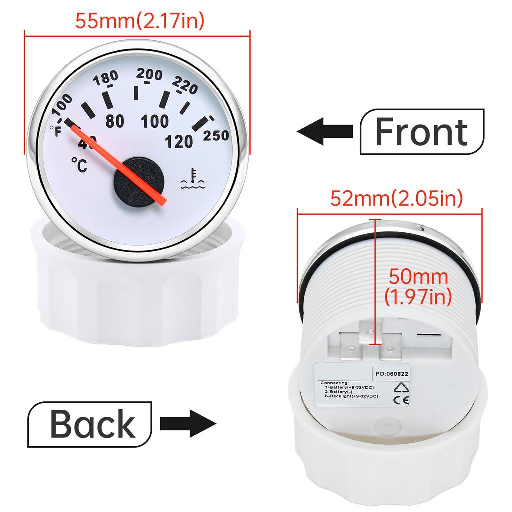 ZMFJH 2"52MM Датчик температуры воды 40-120℃,100-250℉ Стрелочный указатель температуры воды Красный свет для универсального автомобиля, лодки, яхты 12V24VDC