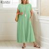 Women Summer Round Neck Front Pleats Casual Short Sleeve Dress