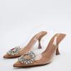 Women Sandals Beige Square Button Rhinestone Decorative Transparent High Heels Shoes 2025 Fashion Slingback Pumps Summer