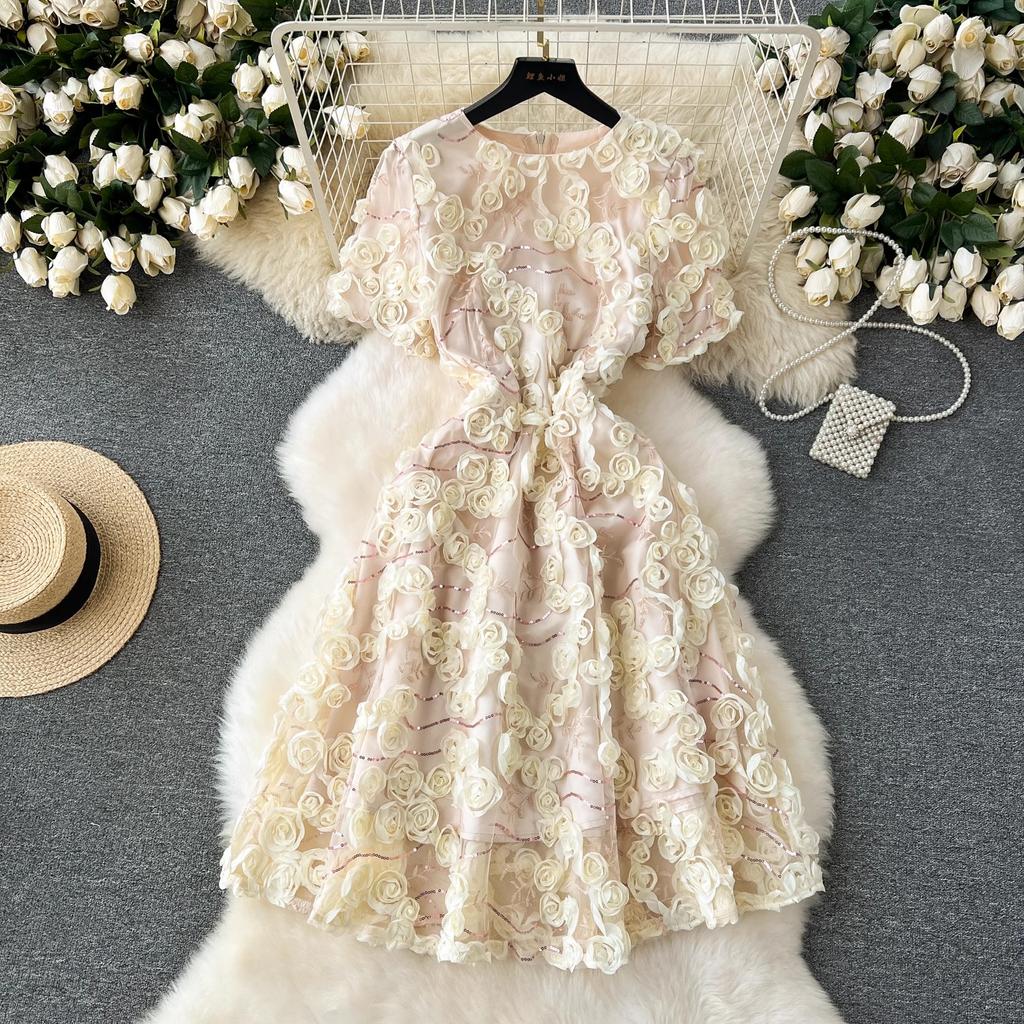 Summer Elegant Fairy Sequined Embroidery Flower Dress Women Chic Mesh Floral Lace Up Midi Evening Birthday Party Dresses