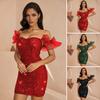 Women's Sparkly Sequins Bodycon Dress Sexy Mesh Ruffle Off Shoulder Mini Dress Glitter Cocktail Party Evening Clubwear