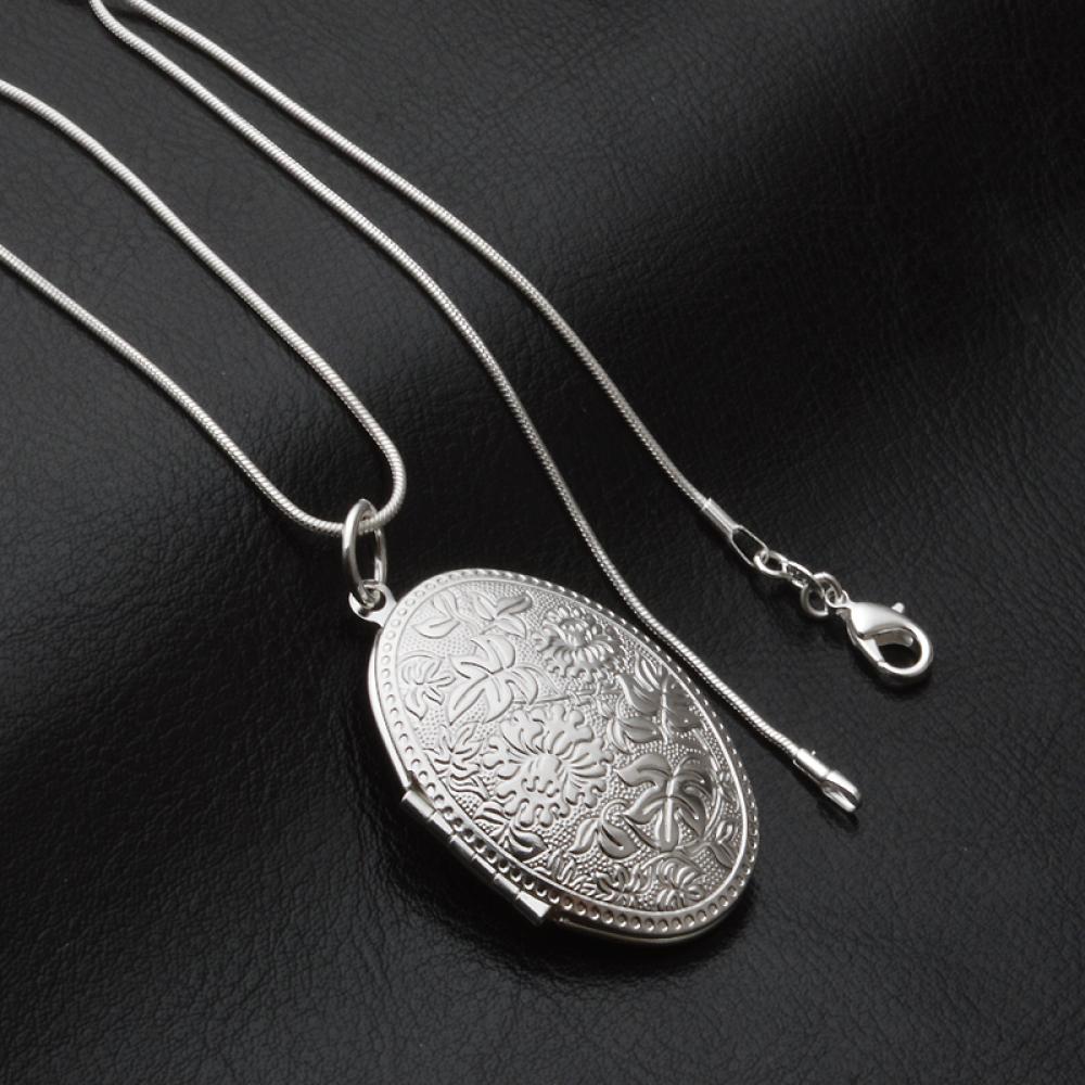 Fashion Sanke Chain Women’s Necklace Photo Locket Round Box Pendant Silver Plated
