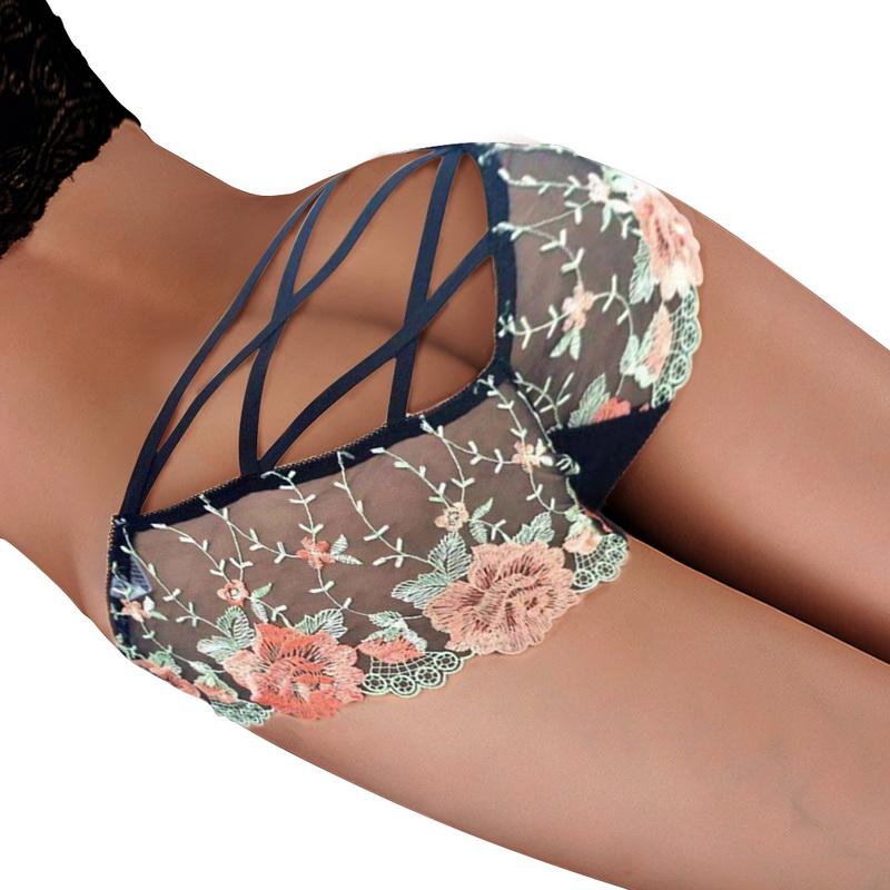 Women Sexy Hollow Briefs Mesh Transparent Underpants Underwear Lace Embroidery Panties Bandage Erotic Briefs Lingeire
