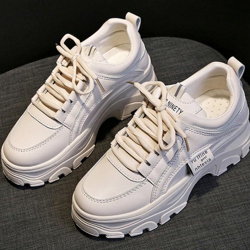 Летние новые корейские тенденции кожаной обуви женские повседневные толстые кроссовки с высокой посадкой на шнуровке спортивная обувь на платформе