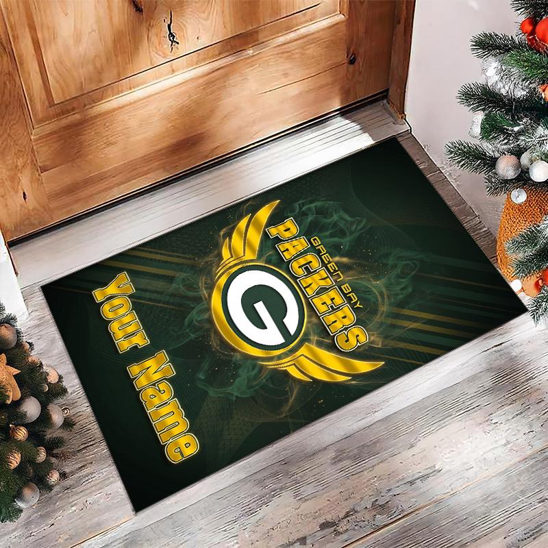Green Bay Packers Crystal Velvet Rug, Custom Name Text Personalized Non‑Slip Floor Mat for Home Decor Gift