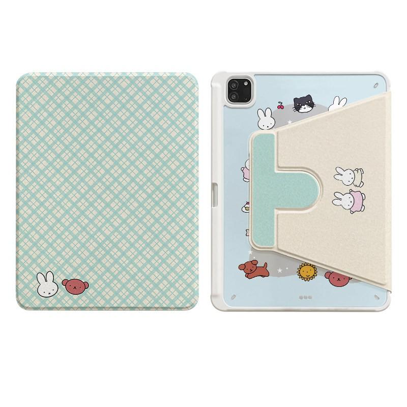 Miffy Rabbit Plaid Tablet Case With Rotating Stand Stylus Slot IPad Mini 6/7 8.3 Air 10.9/11 Pro 11/13 9.7/10.2/10.5 Inch