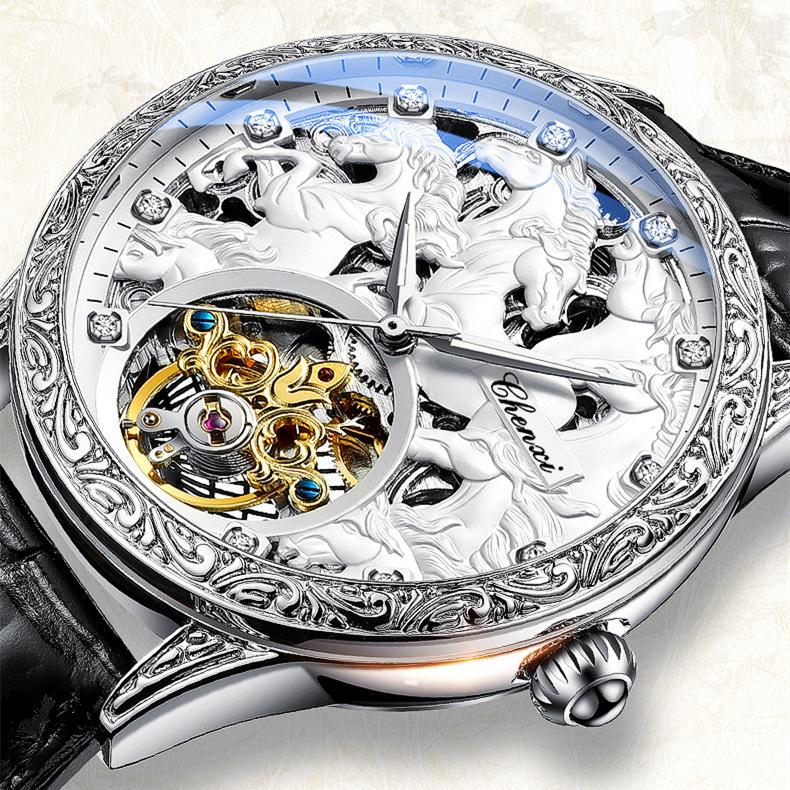 Новые роскошные мужские часы ТОП-бренда с коробкой, автоматические полые водонепроницаемые мужские механические часы с маховиком и восемью конями