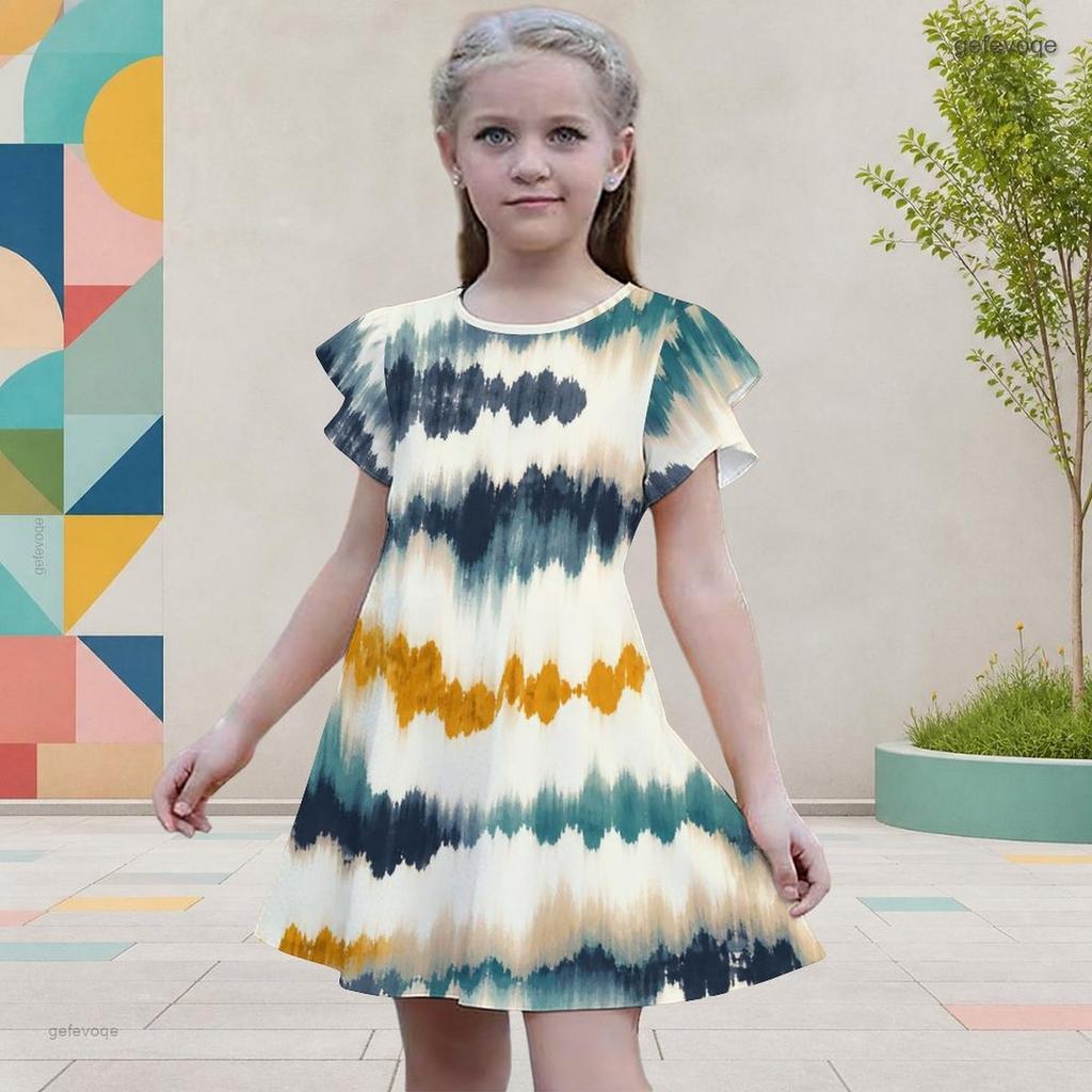 Girls Round Neck Flutter Sleeve Printed Tie Dye A Line Flared Dress