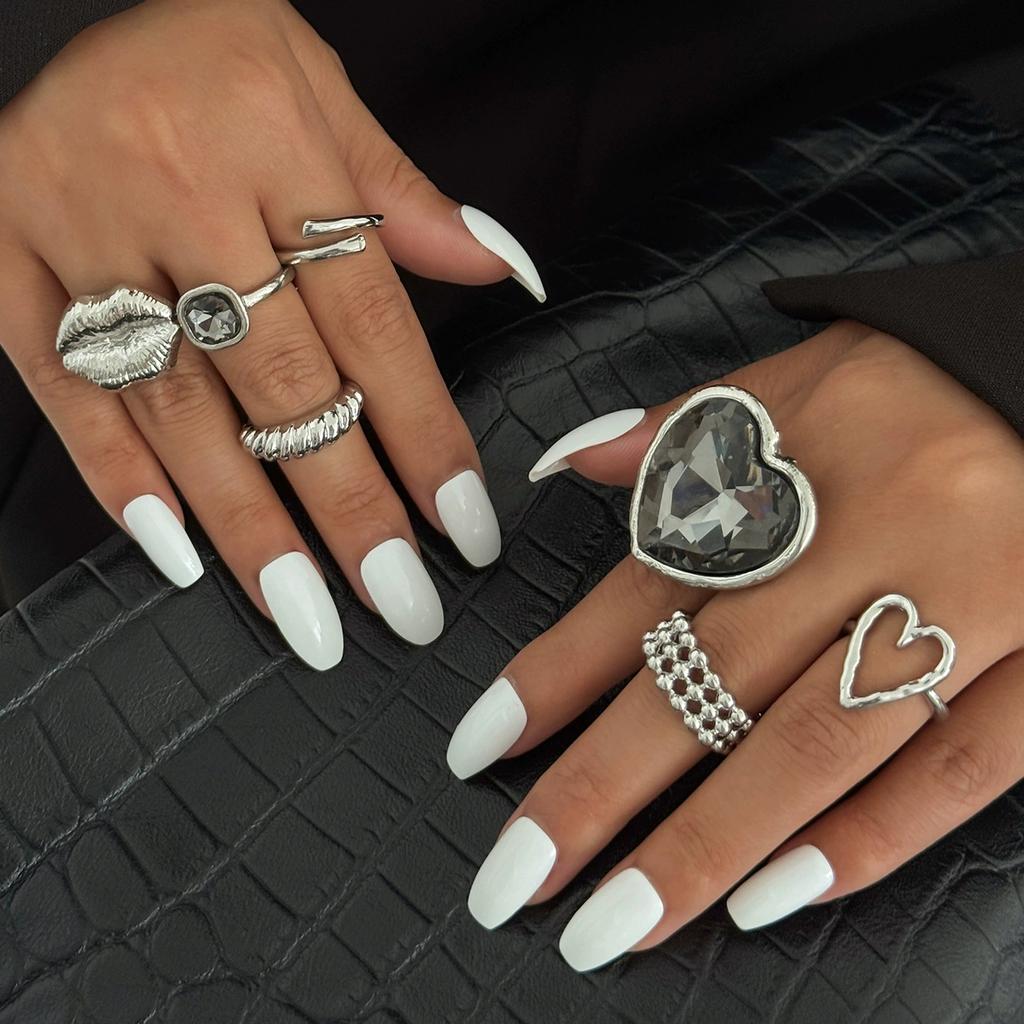 Exaggeration Heart Shape Grey Crystal Rings Set for Women Lips Square Zircon Charm Open Rings Fashion Designer Luxury Jewelry