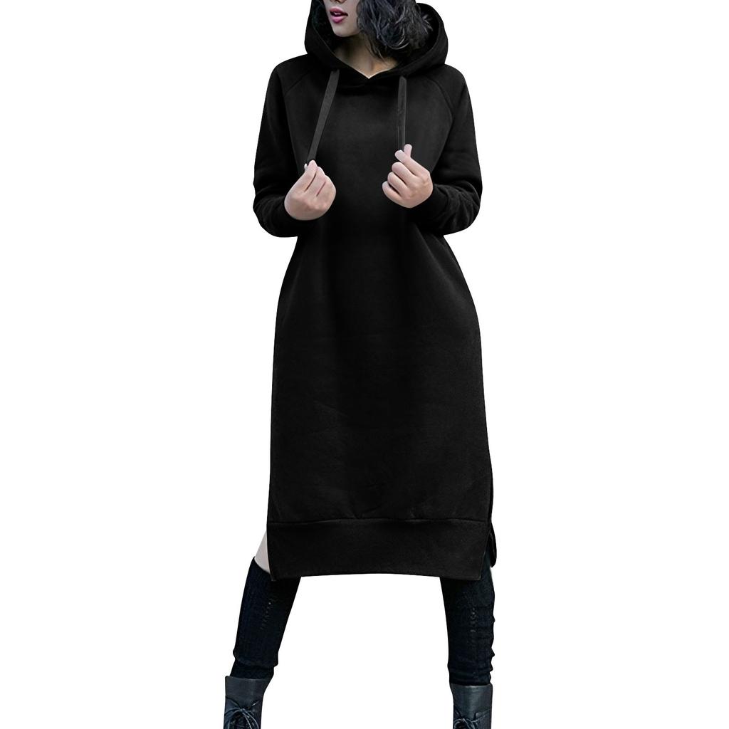 Cute Hooded Dress For Teen Girls Solid Color Drawstring Pocket Long Sleeve Fall Plus Size Sweatshirt Dress