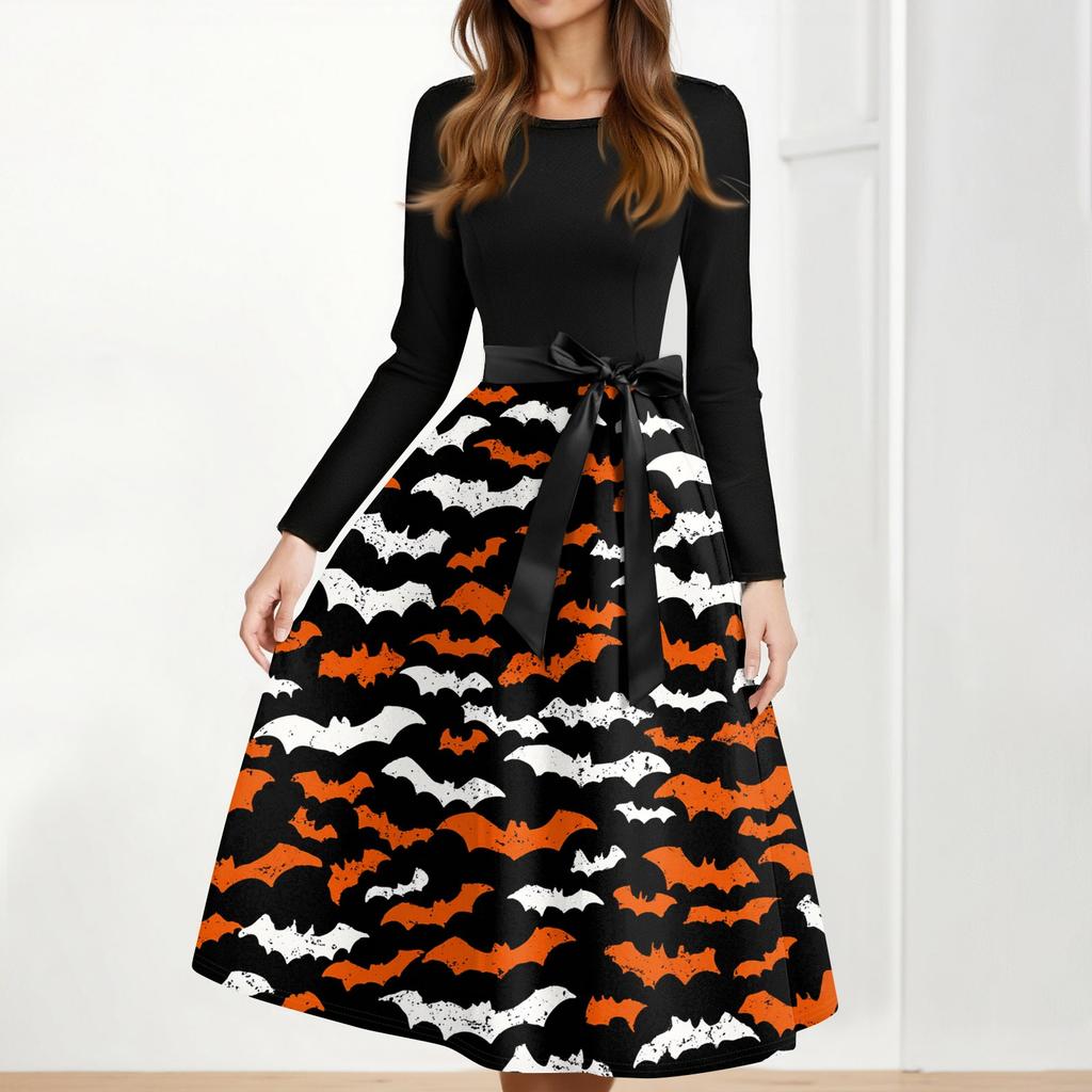 Women's Casual Fashion Halloween Printed Round Neck Vintage Dress