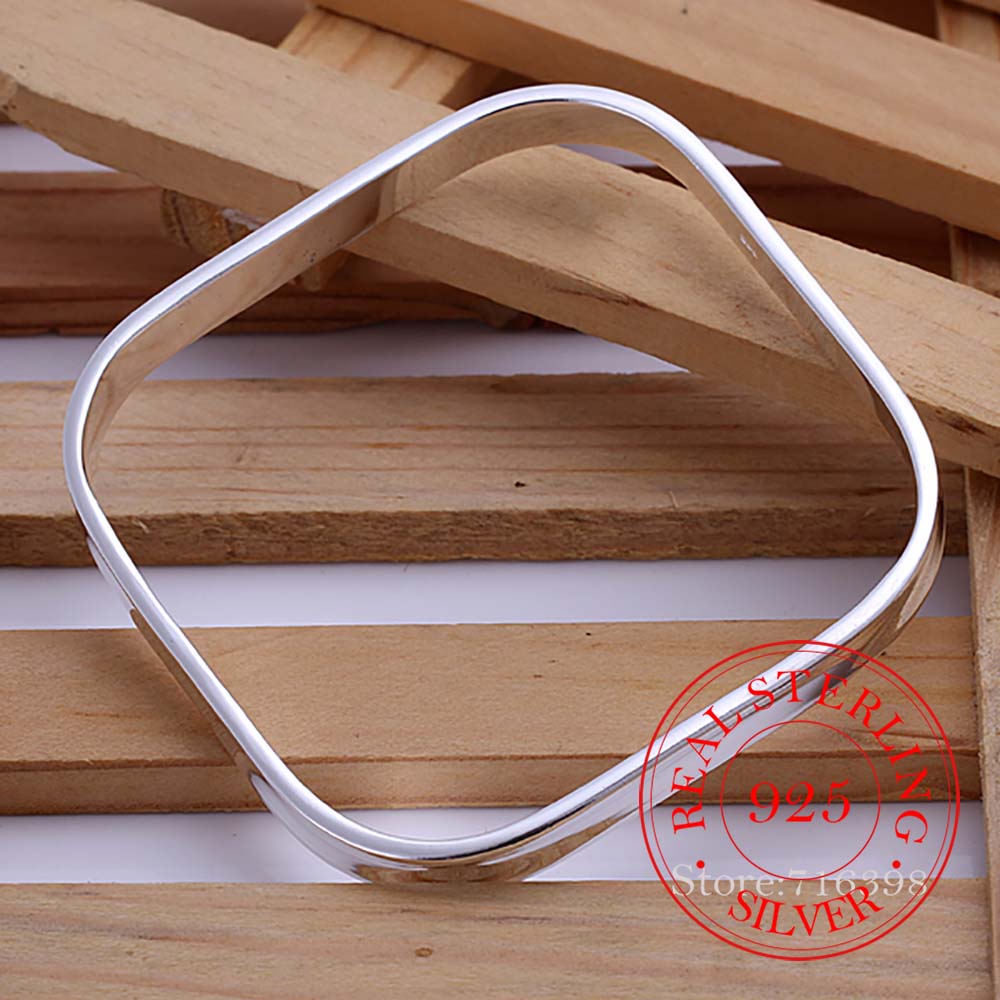 Genuine 925 Sterling Silver Bangles For Women Wedding Engagement Party Style Small Square Bangle-no Words Bracelet Jewelry