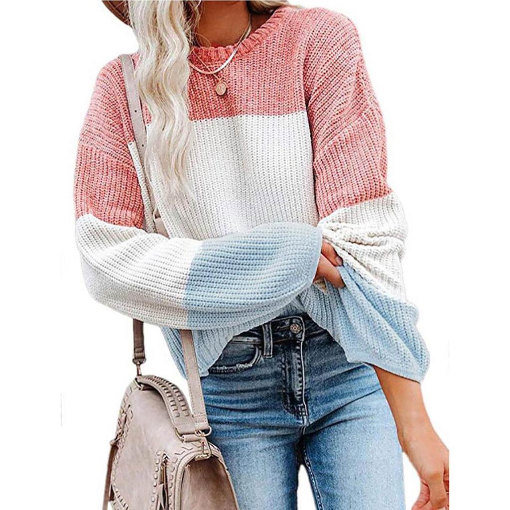 Женская мода повседневный цветной пэчворк свитер длинный рукав пуловер свитер топ