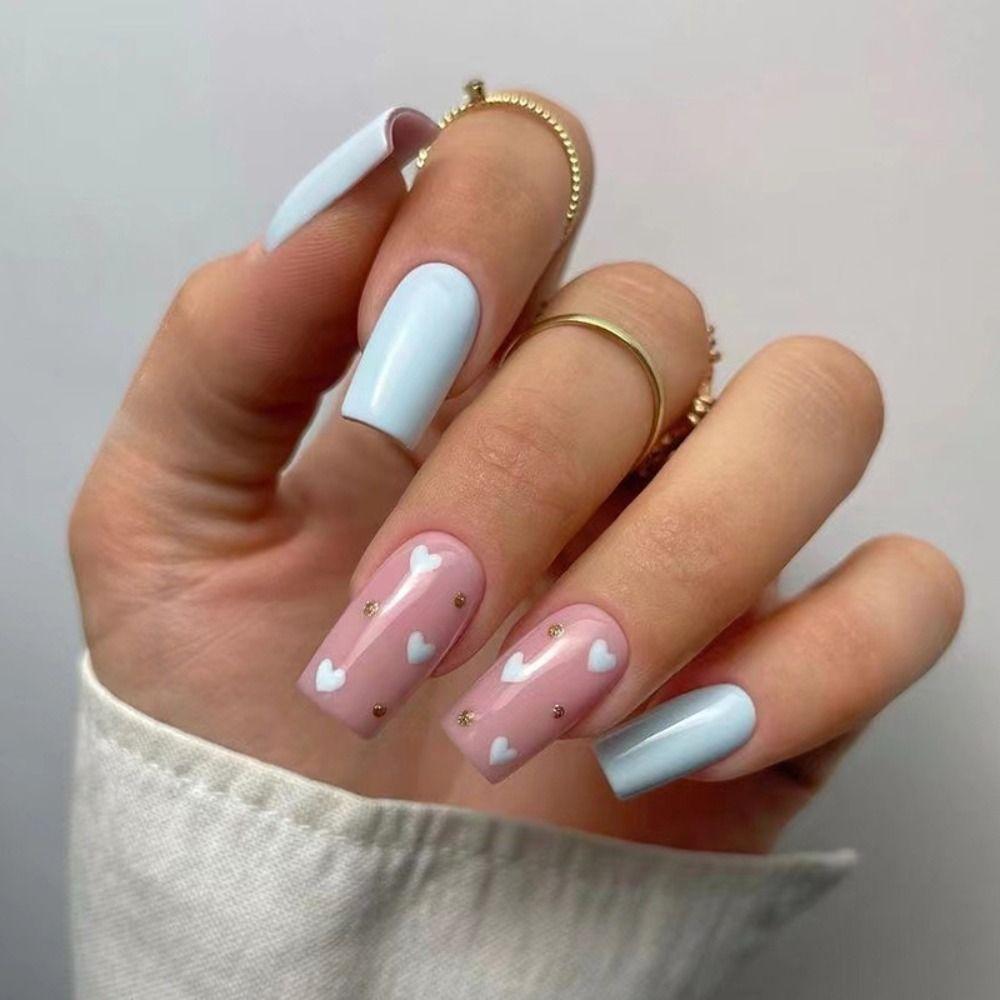 24pcs Nail Tips DIY Press On Nails Black Edge Love Heart French False Nails Long Square