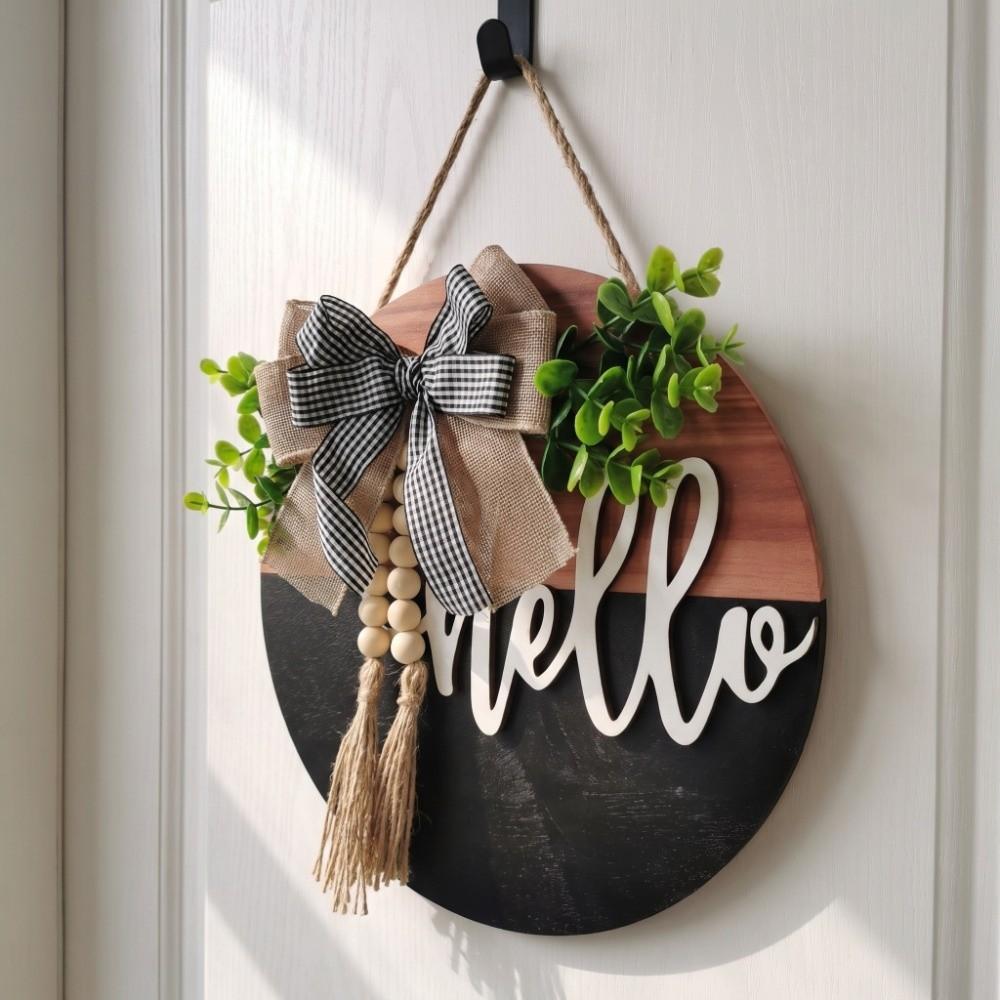 Bowknot Wooden Welcome Sign Artificial Flower Plant Wall Art Door Wreath Wall Decor
