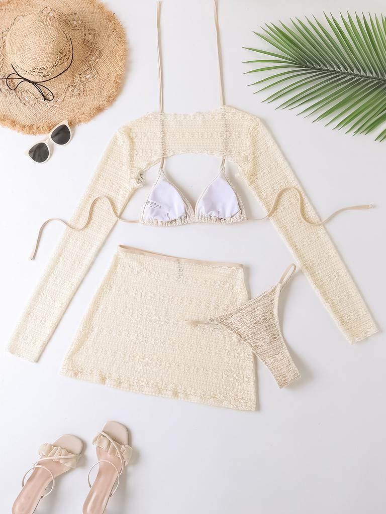 Комплект из четырех предметов: блузка с разрезом и длинным рукавом, сексуальный купальник бикини для женщин