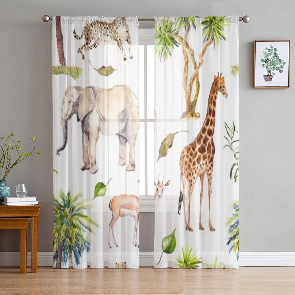 Watercolor Wild Animals Sheer Curtains for Living Room Transparent Tulle Window Curtain Bedroom Kitchen Home Decor Veil Drapes