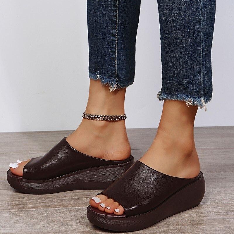 Fashion Women Leather Slippers White Ladias Retro Peep Toe Platform Shoes Clogs Slip On Sandals Wedges Sandles Zapatos Shoe