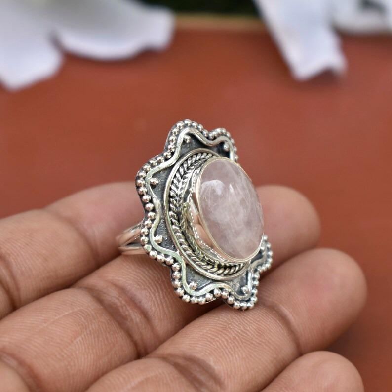 Rose Quartz Oval Gemstone Ring, Handmade Boho Designer Ring, 925 Silver Ring, Statement Ring, Partywear Ring, Thanksgiving Gift