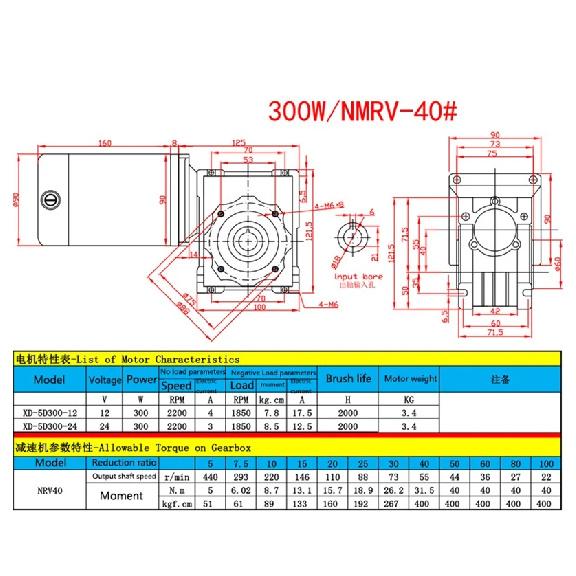 New Arrival 5D300GD-RV40 DC12V / 24V 300W 9A DC Gear Motor Worm Gear Gearbox High Torque Gear Motor 1800r/min