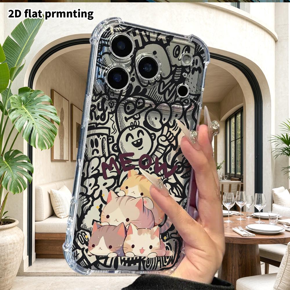 Чехол для телефона: 2D плоский, подходит для iPhone 18 17 16 15 14 13 Pro, прозрачный защитный чехол с четырьмя углами, тема с кошками, подарок на Рождество и Хэллоуин