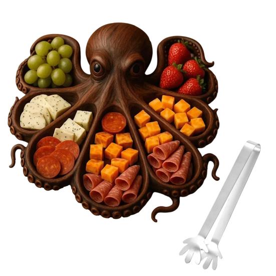 Блюдо для закусок «Осьминог» с вилкой, поднос для сырной доски в океанской тематике для мяса, сыра, фруктов, морепродуктов, деревянный сервировочный поднос, уникальный подарок