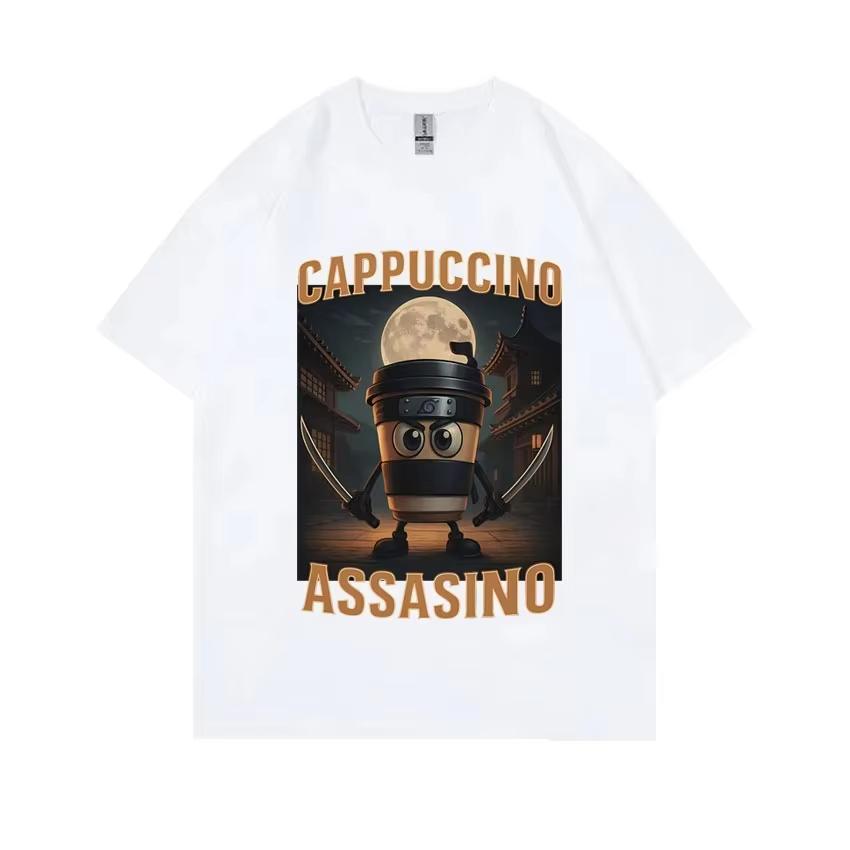 Итальянская футболка Brainrot Cappuccino Assasino Funny Meme унисекс повседневная юмористическая футболка большого размера для мужчин и женщин винтажная хлопковая футболка