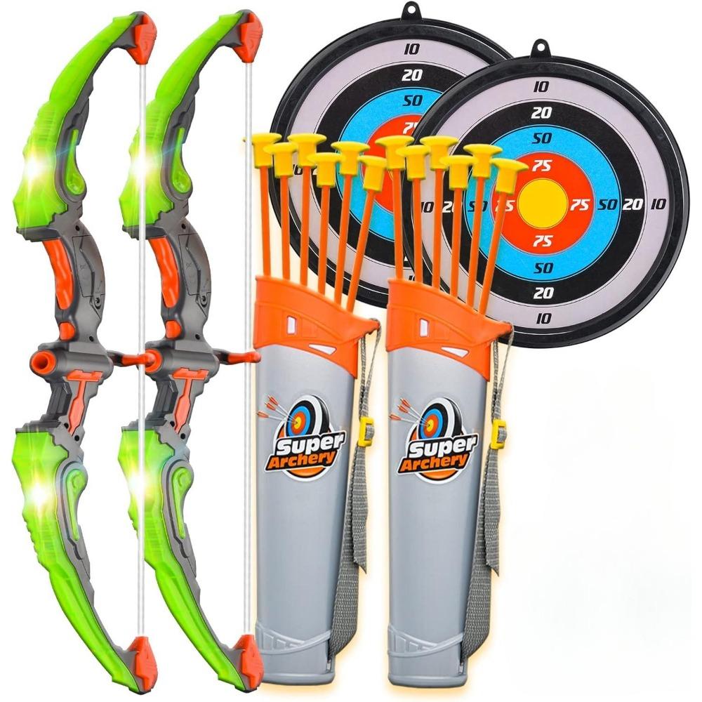 Kids Shooting Set Bow and Arrow Set with Flashing Pink LED Lights Arrow Rack Target and Quiver Hunting Chain for Boys Girls