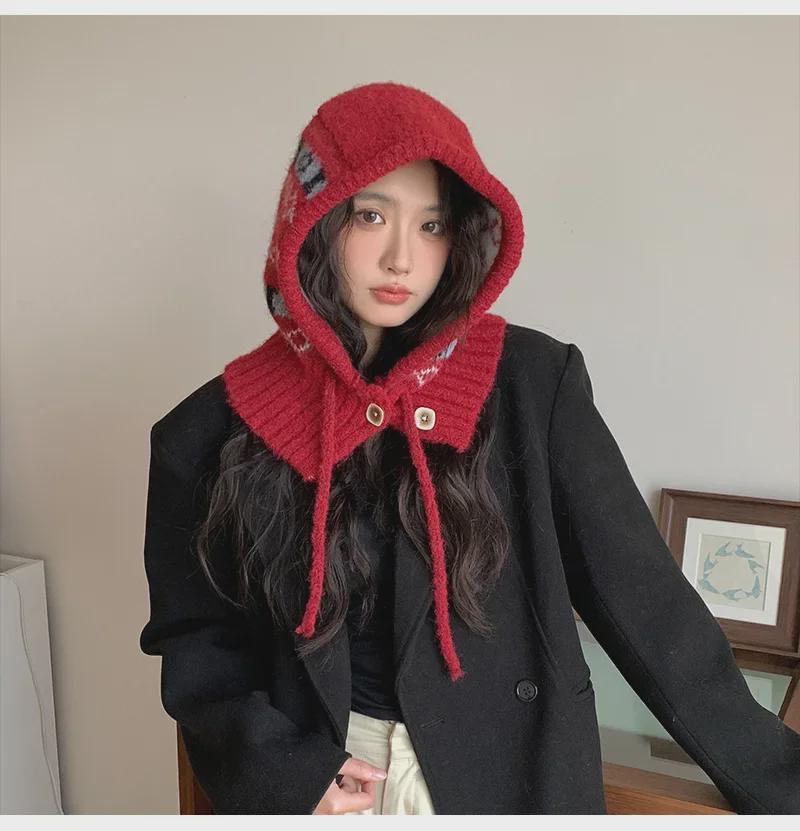 Корейская женская шапка-балаклава со снежинками и защитой шеи