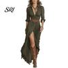 Elegant Shirt Style Dress Women's Boho Maxi with Belt Button Down Deep V Neck Flowy High Slit Long Vintage Sleeve Western Cowgirl Bohemian