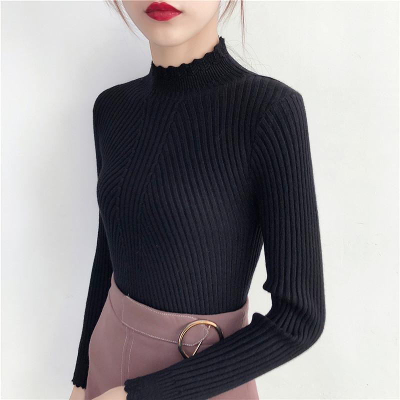 Long Sleeved Bottoming Knitted Sweater Women Autumn Winter Laciness Mock Neck Tight Fit Pullover Top