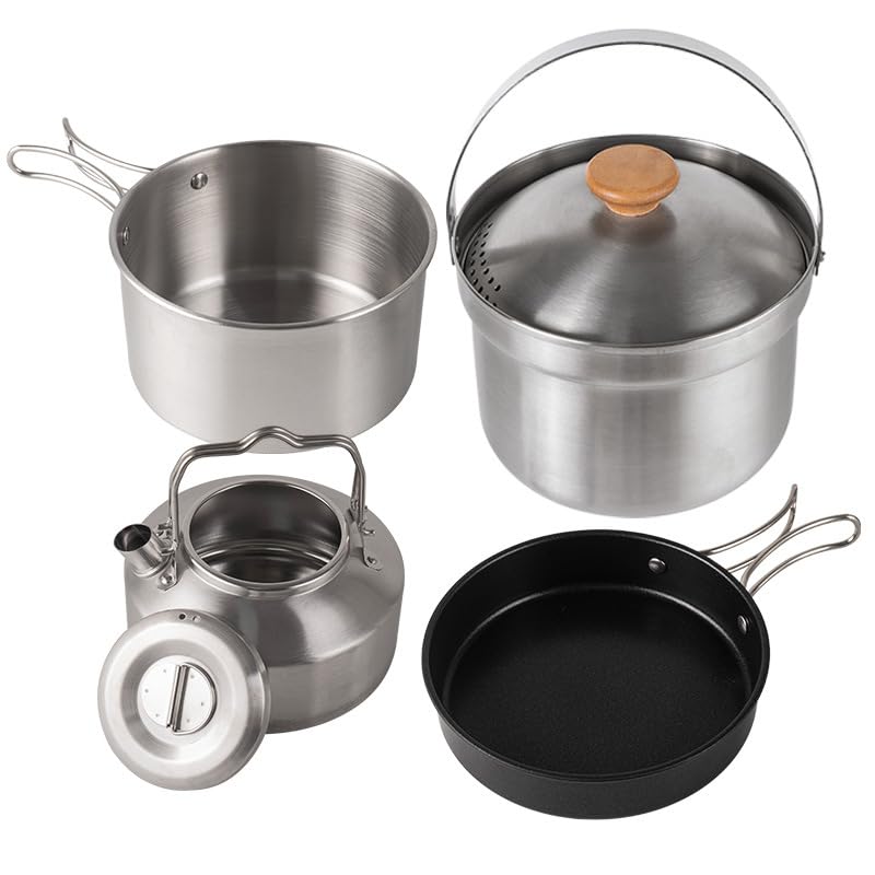 Aluminum cooker set camping supplies pot 4-piece outdoor kettle cooking utensils frying pan storage bag foldable lightweight compact.