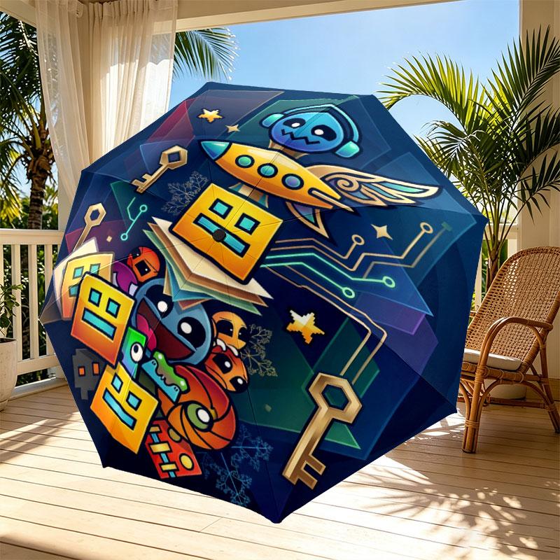 Geometry Dash Print Automatic Open Close Umbrella, Portable Foldable Umbrella, for Outdoor Commute Camping Trip, Ideal Birthday Gift