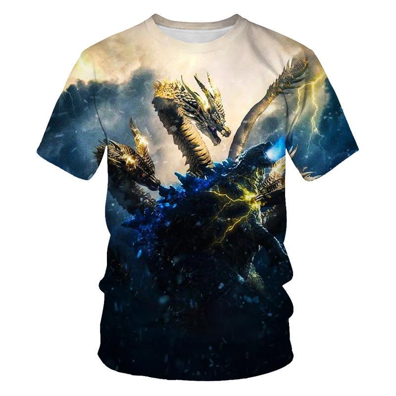 Summer Round Neck 3D Godzilla Pattern Printed Top Fashionable Casual Short Sleeved Children's Boy T-shirts