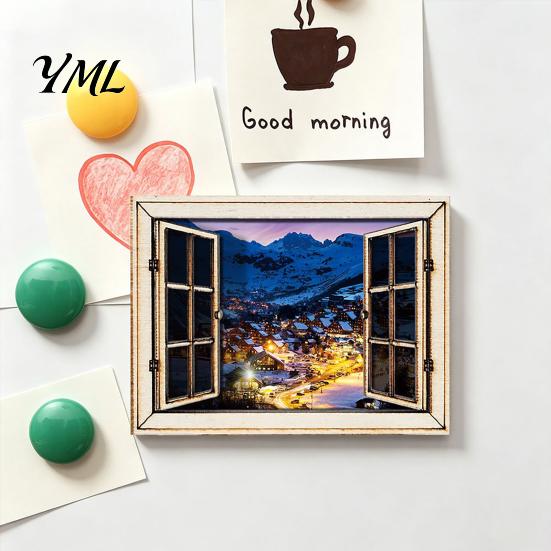 Wooden Window Ornament 1/6Pcs Fake Fridge Magnet, Natural Scenery Refrigerator Magnet Magnetic Decoration for Kitchen Office Whiteboard Landscape